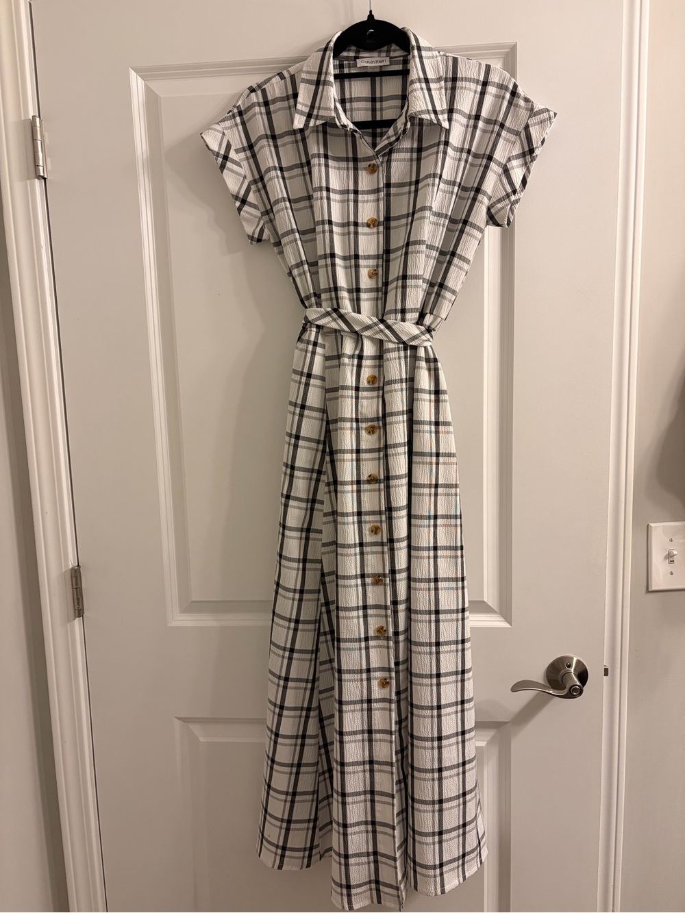 Calvin Klein White and Black Plaid Maxi Shirt Dress